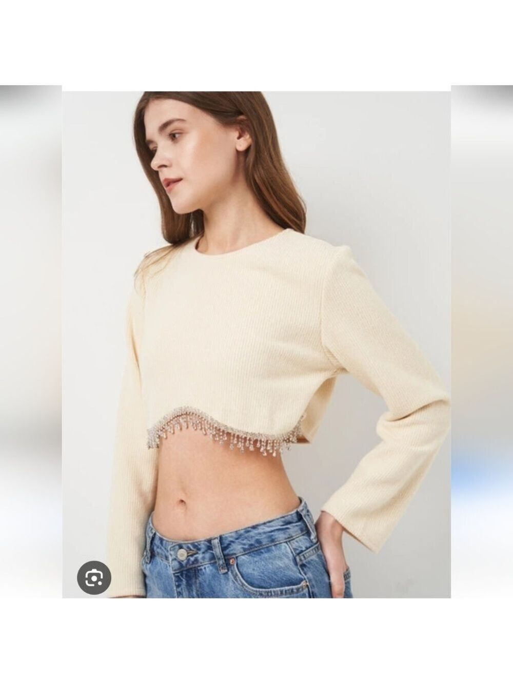 ZARA | Embellished Sweater Cropped Cream Rhinestones Sz M